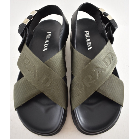 Prada Montana Nastro Criss Cross Strap Buckle Green Black Logo Flat Sandal 35.5 - Picture 7 of 16